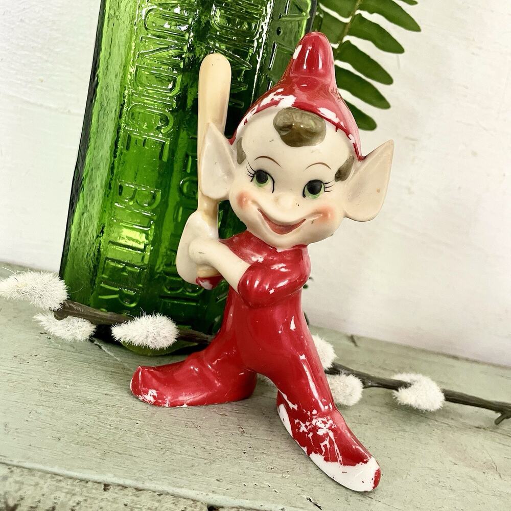 Vintage Pixie Elf Baseball Figurine Bat Batter Christmas Ceramic Thames Japan